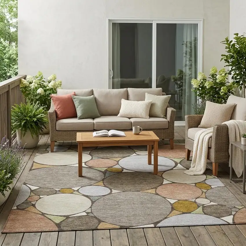 Taupe And Beige Geometric Washable Indoor Outdoor Area Rug Photo 1