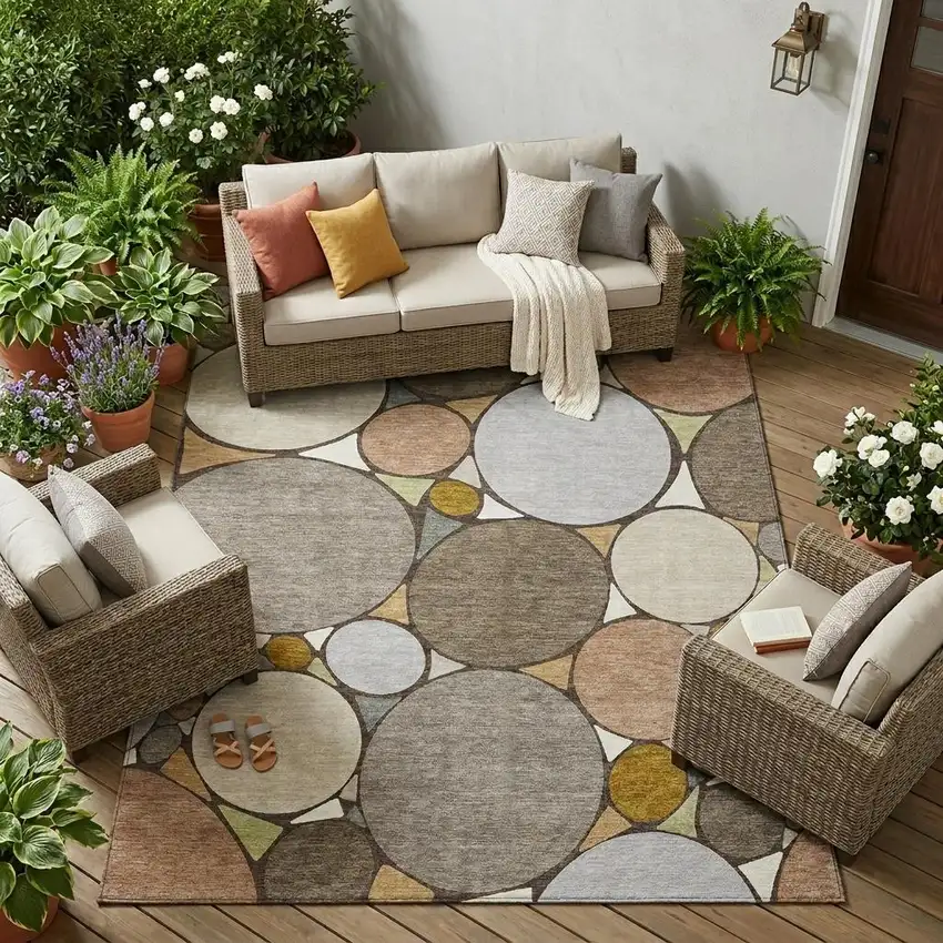 Taupe And Beige Geometric Washable Indoor Outdoor Area Rug Photo 1