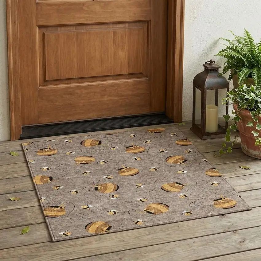 Taupe And Beige Geometric Washable Indoor Outdoor Area Rug Photo 1