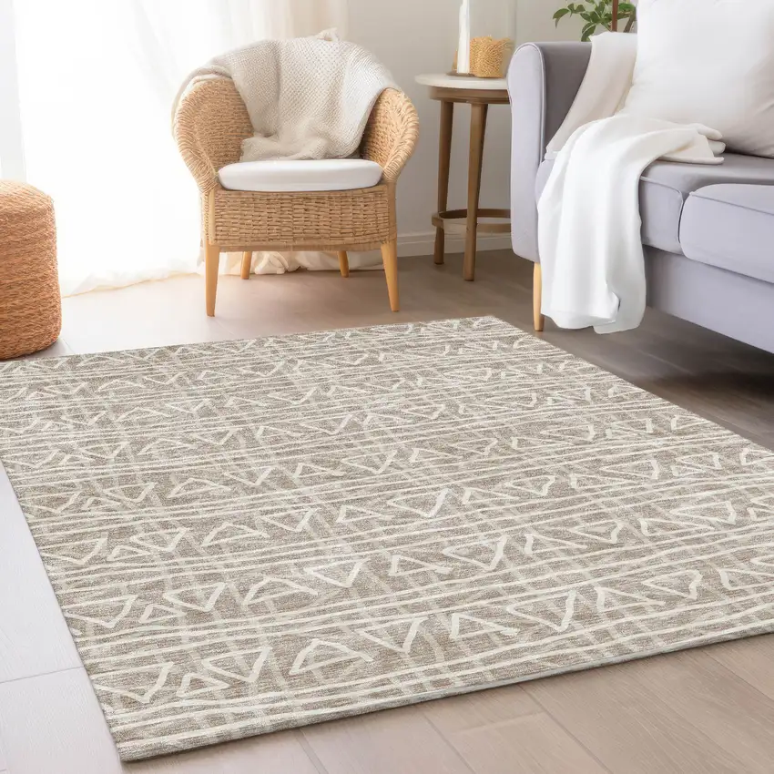 Taupe And Beige Geometric Washable Indoor Outdoor Area Rug Photo 8