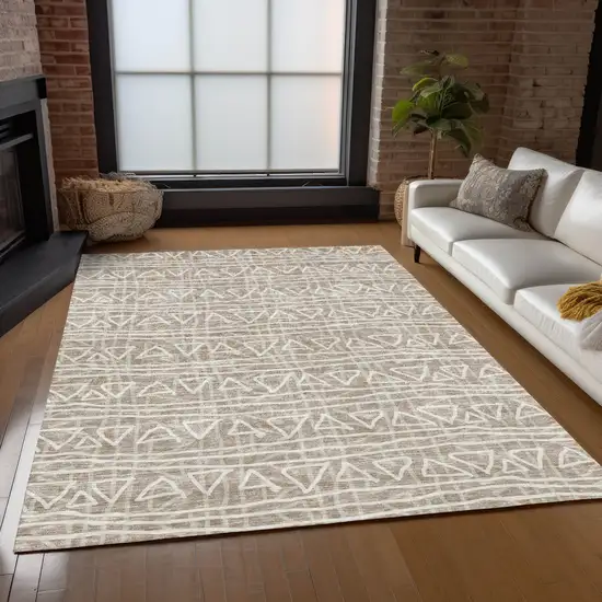 Taupe And Beige Geometric Washable Indoor Outdoor Area Rug Photo 9