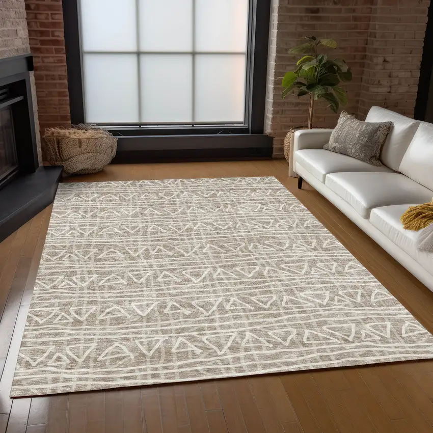 Taupe And Beige Geometric Washable Indoor Outdoor Area Rug Photo 9
