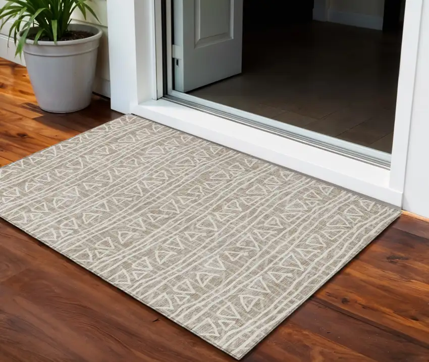 Taupe And Beige Geometric Washable Indoor Outdoor Area Rug Photo 1