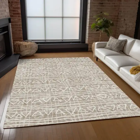 Taupe And Beige Geometric Washable Indoor Outdoor Area Rug Photo 9
