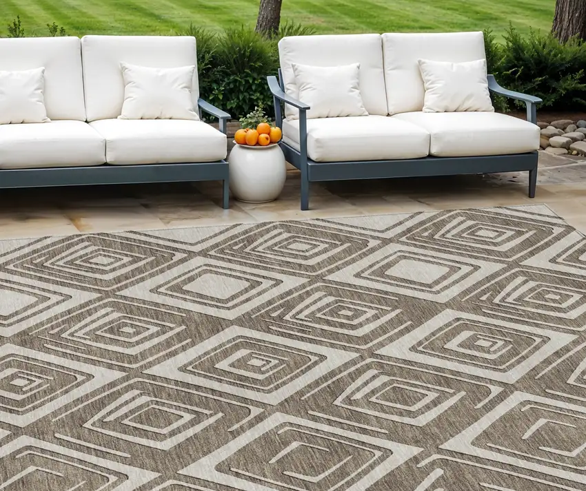 Taupe And Beige Geometric Washable Indoor Outdoor Area Rug Photo 1