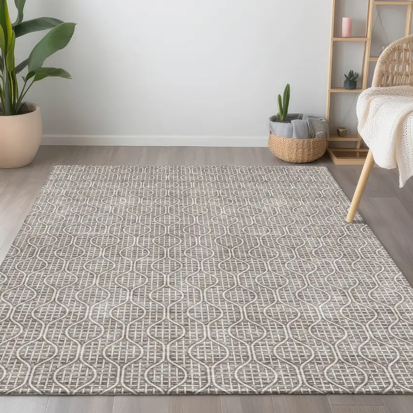 Taupe And Beige Geometric Washable Indoor Outdoor Area Rug Photo 9