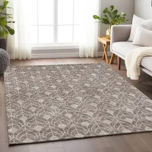 Photo of Taupe And Beige Geometric Washable Indoor Outdoor Area Rug