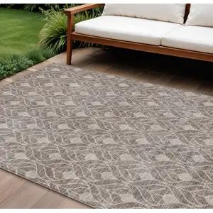 Photo of Taupe And Beige Geometric Washable Indoor Outdoor Area Rug