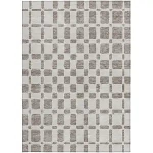 Photo of Taupe And Beige Geometric Washable Indoor Outdoor Area Rug