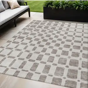 Photo of Taupe And Beige Geometric Washable Indoor Outdoor Area Rug