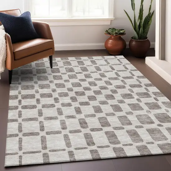 Taupe And Beige Geometric Washable Indoor Outdoor Area Rug Photo 9