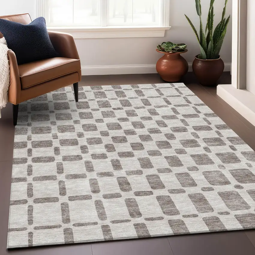 Taupe And Beige Geometric Washable Indoor Outdoor Area Rug Photo 9