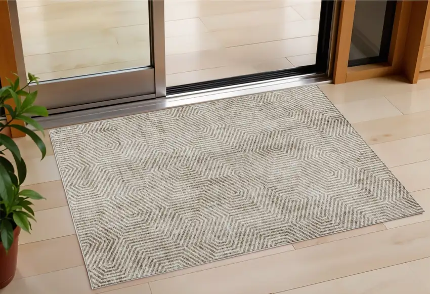 Taupe And Beige Geometric Washable Indoor Outdoor Area Rug Photo 1