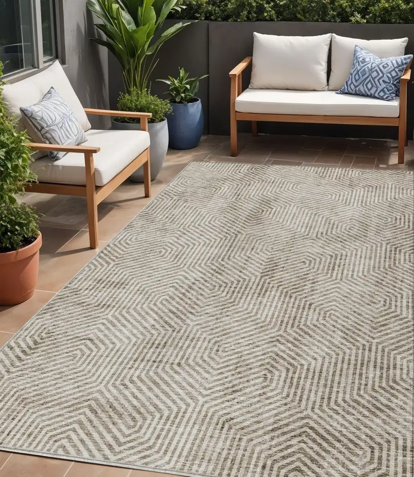 Taupe And Beige Geometric Washable Indoor Outdoor Area Rug Photo 1