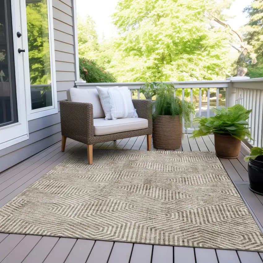 Taupe And Beige Geometric Washable Indoor Outdoor Area Rug Photo 9