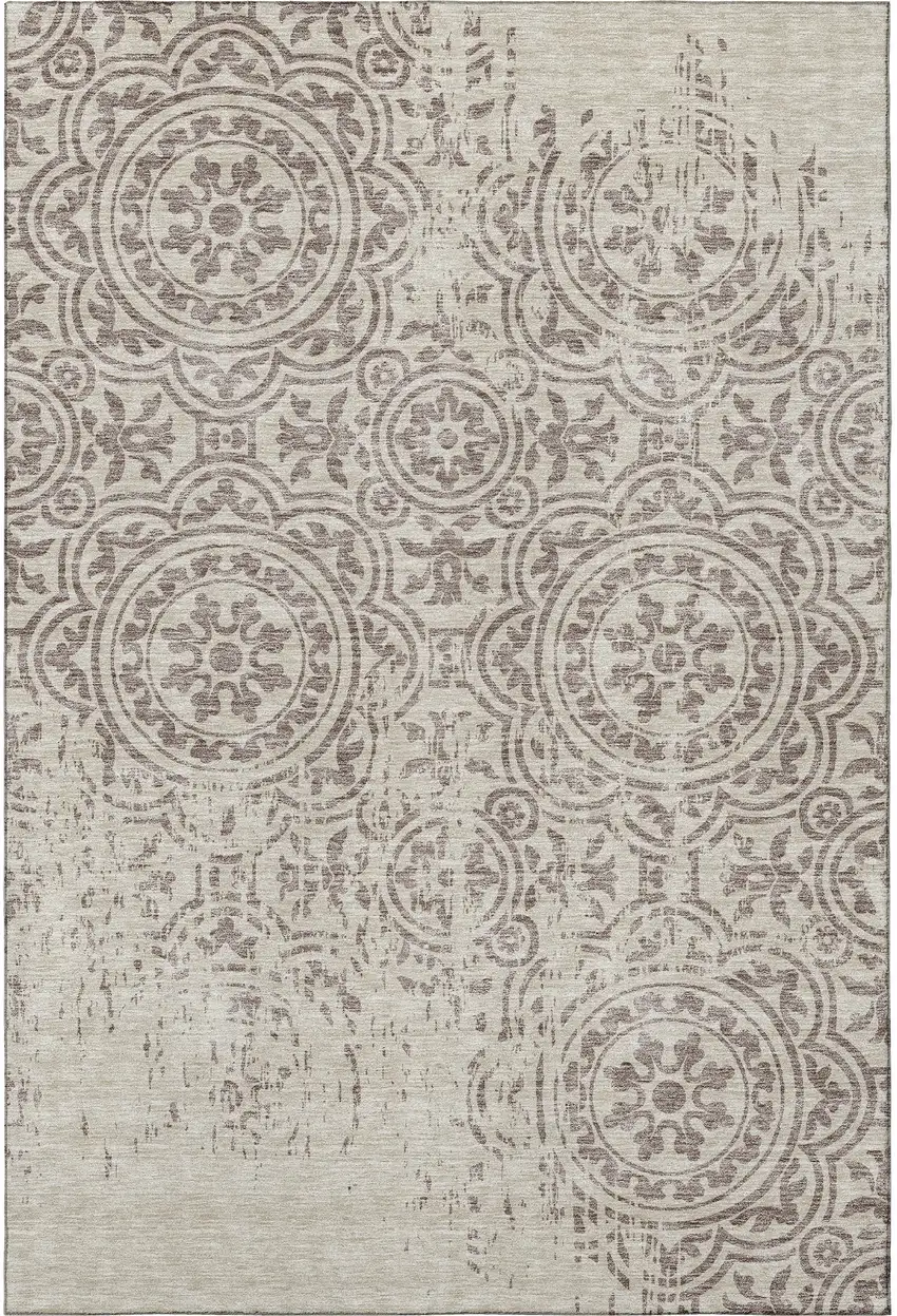 Taupe And Beige Medallion Washable Area Rug With UV Protection Photo 4