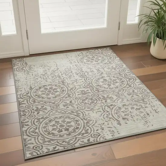 Taupe And Beige Medallion Washable Area Rug With UV Protection Photo 2