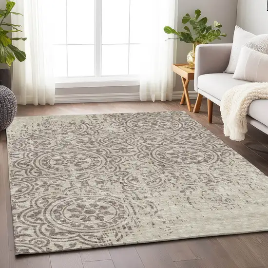 Taupe And Beige Medallion Washable Area Rug With UV Protection Photo 5