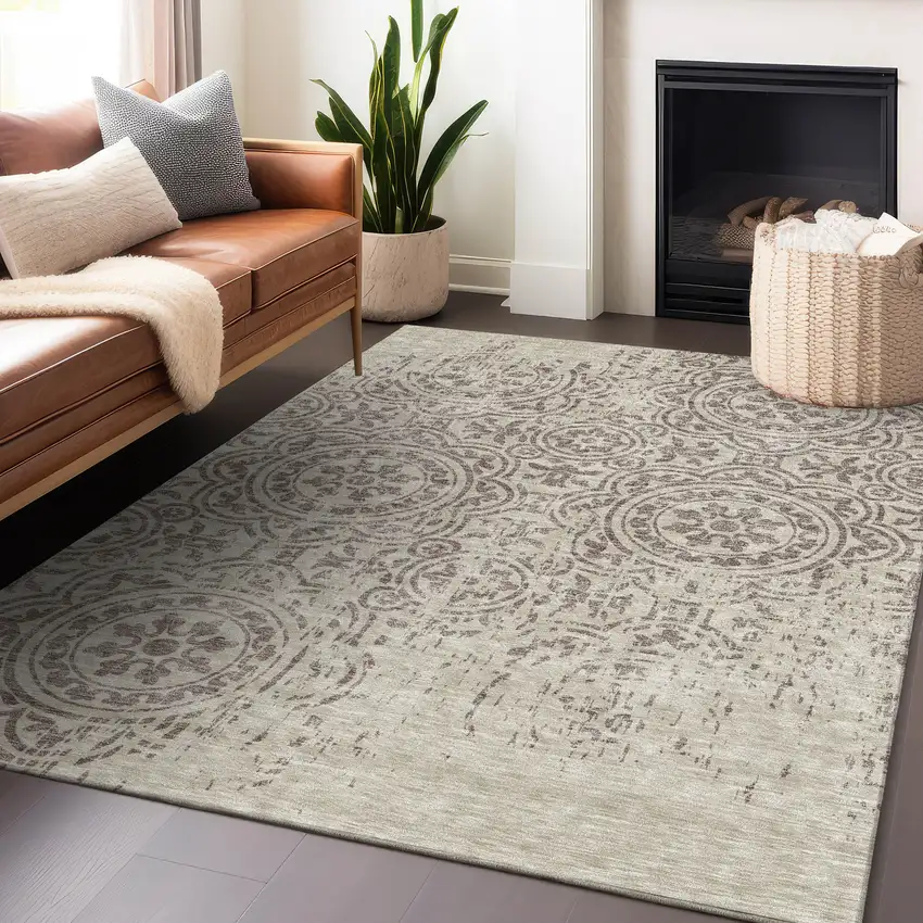 Taupe And Beige Medallion Washable Area Rug With UV Protection Photo 6