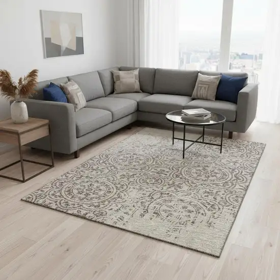 Taupe And Beige Medallion Washable Area Rug With UV Protection Photo 2