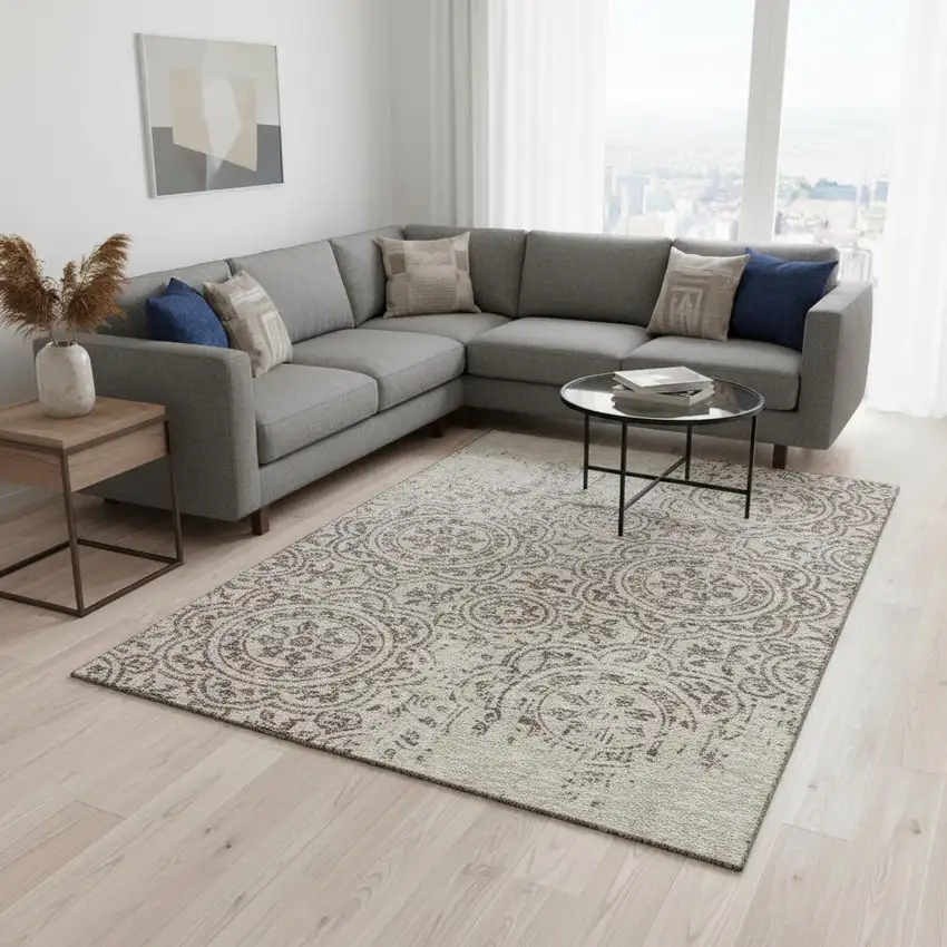 Taupe And Beige Medallion Washable Area Rug With UV Protection Photo 2