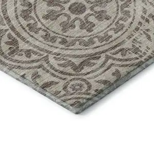 Photo of Taupe And Beige Medallion Washable Area Rug With UV Protection