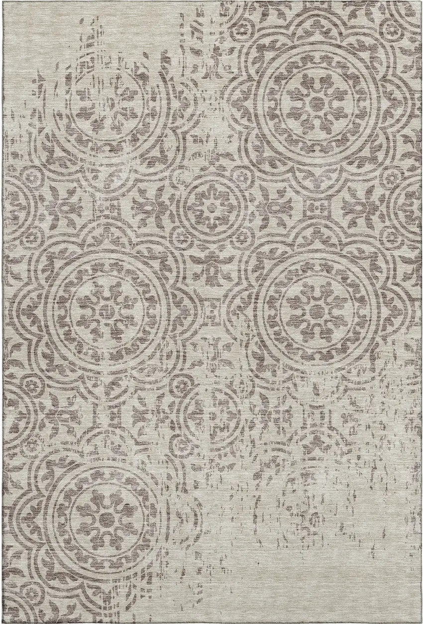Taupe And Beige Medallion Washable Area Rug With UV Protection Photo 1