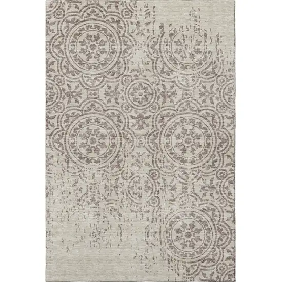 Taupe And Beige Medallion Washable Area Rug With UV Protection Photo 4
