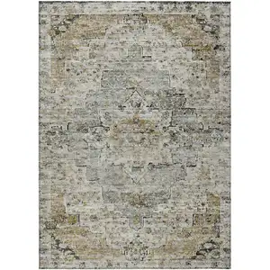 Photo of Taupe And Beige Medallion Washable Indoor Outdoor Area Rug