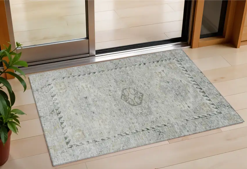 Taupe And Beige Medallion Washable Indoor Outdoor Area Rug Photo 1