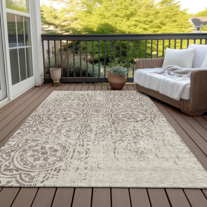 Taupe And Beige Medallion Washable Indoor Outdoor Area Rug Photo 7