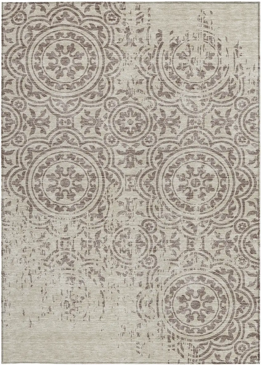 Taupe And Beige Medallion Washable Indoor Outdoor Area Rug Photo 6