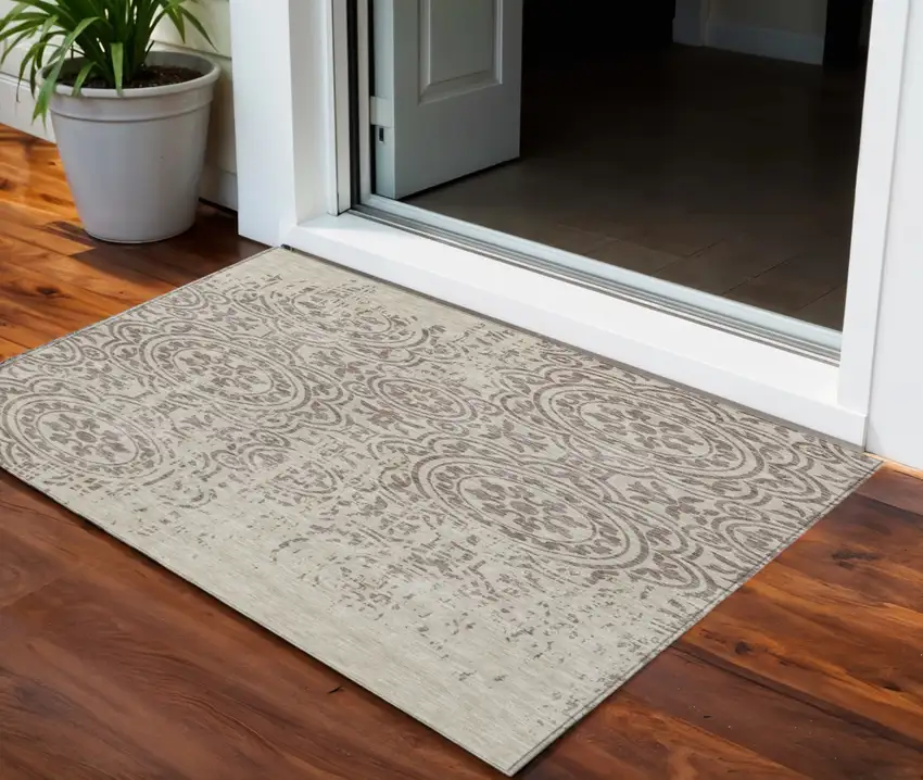 Taupe And Beige Medallion Washable Indoor Outdoor Area Rug Photo 1