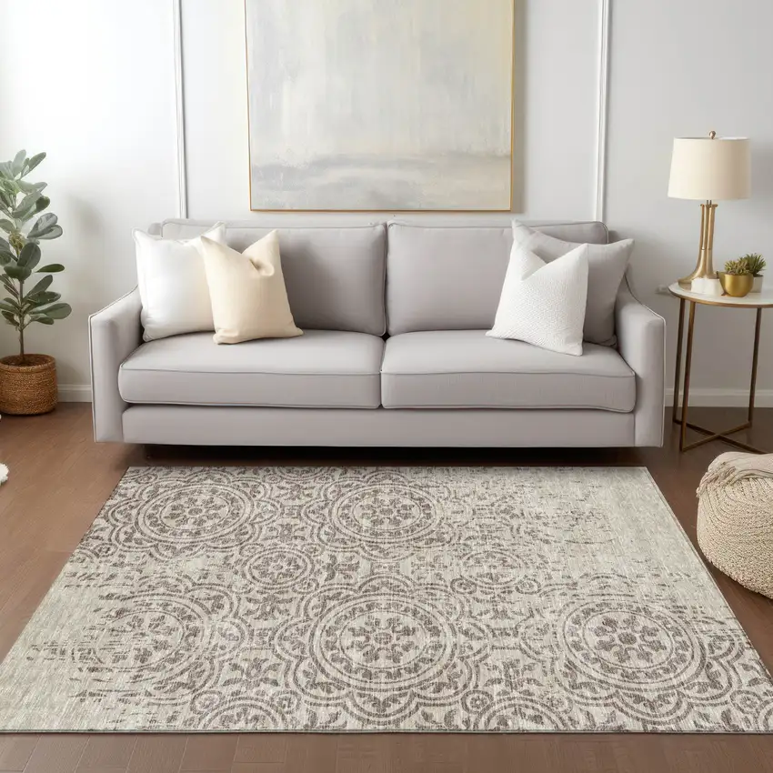 Taupe And Beige Medallion Washable Indoor Outdoor Area Rug Photo 9