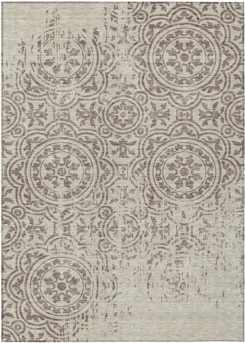 Taupe And Beige Medallion Washable Indoor Outdoor Area Rug Photo 1
