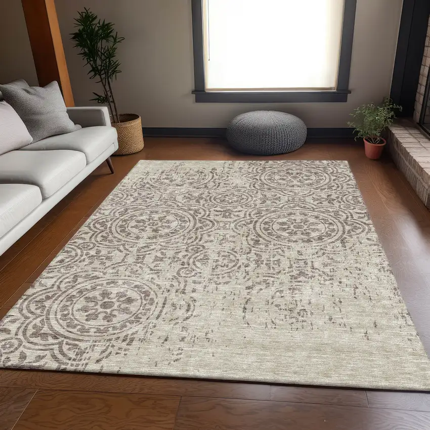 Taupe And Beige Medallion Washable Indoor Outdoor Area Rug Photo 7