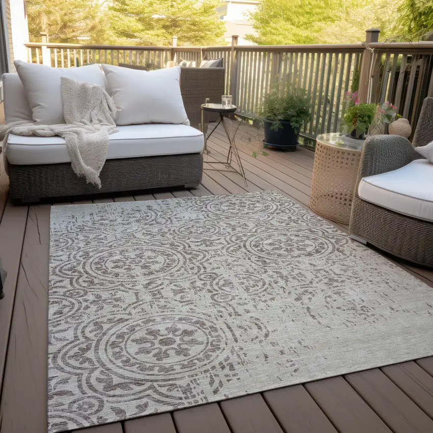 Taupe And Beige Medallion Washable Indoor Outdoor Area Rug Photo 9