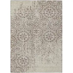 Photo of Taupe And Beige Medallion Washable Indoor Outdoor Area Rug