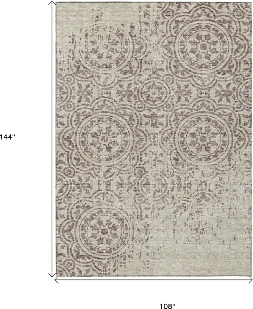 Taupe And Beige Medallion Washable Indoor Outdoor Area Rug Photo 3
