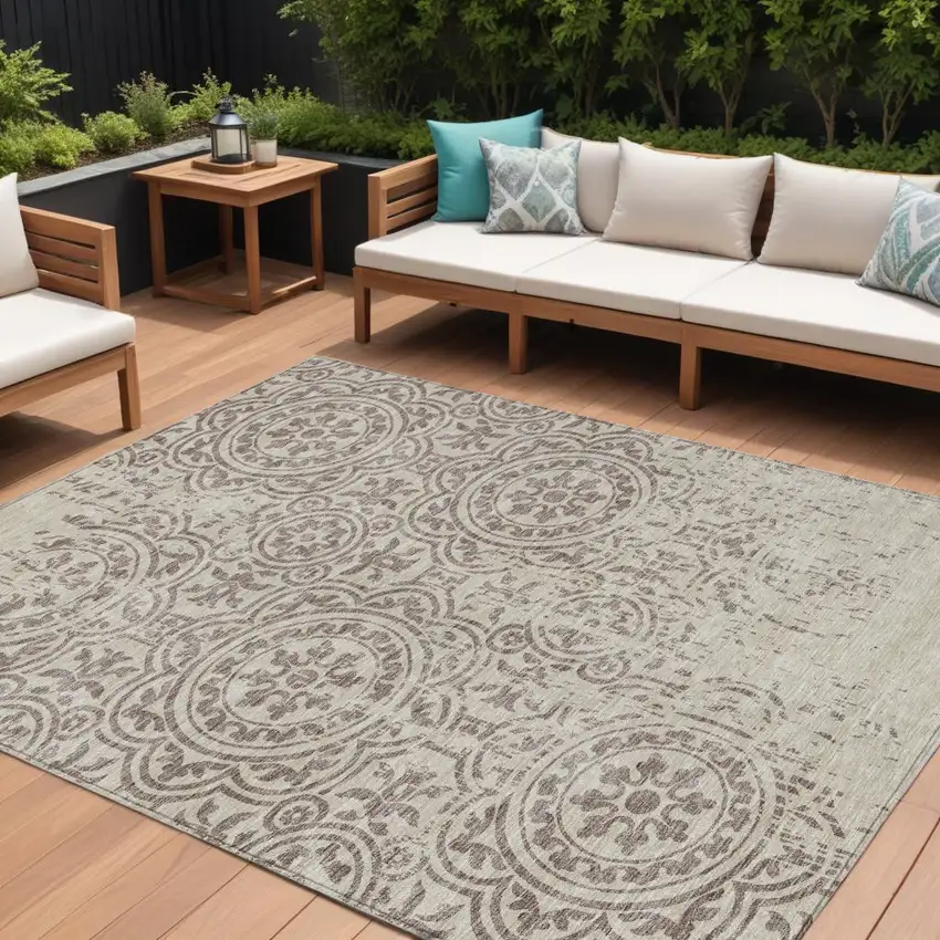 Taupe And Beige Medallion Washable Indoor Outdoor Area Rug Photo 1