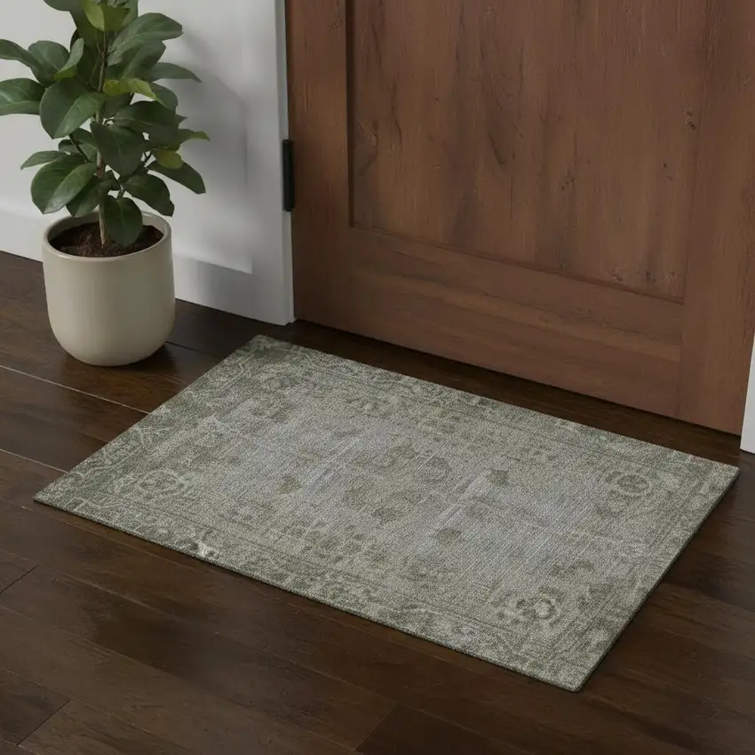 Taupe And Beige Oriental Washable Area Rug With UV Protection Photo 1
