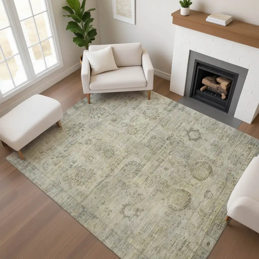 Taupe And Beige Oriental Washable Area Rug With UV Protection Photo 4