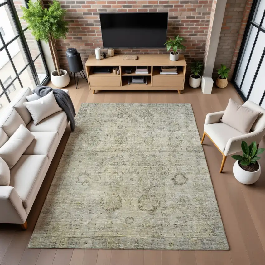 Taupe And Beige Oriental Washable Area Rug With UV Protection Photo 5