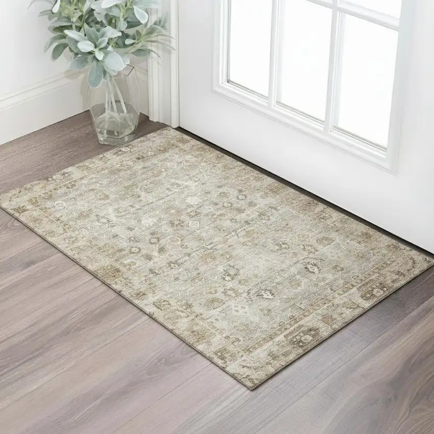 Taupe And Beige Oriental Washable Area Rug With UV Protection Photo 2