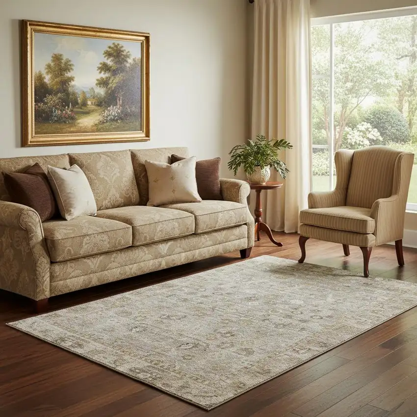 Taupe And Beige Oriental Washable Area Rug With UV Protection Photo 2