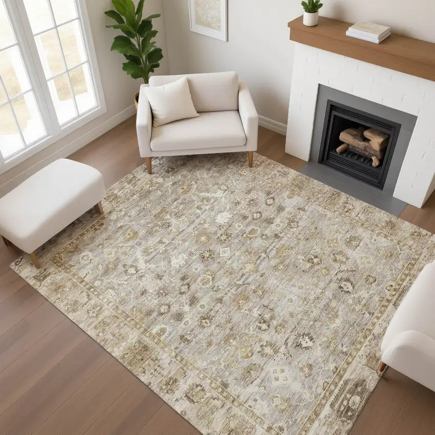 Taupe And Beige Oriental Washable Area Rug With UV Protection Photo 4