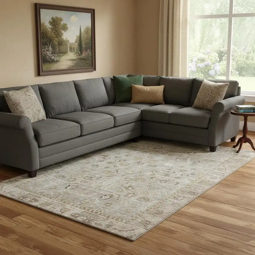 Taupe And Beige Oriental Washable Area Rug With UV Protection Photo 2