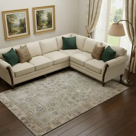 Taupe And Beige Oriental Washable Area Rug With UV Protection Photo 2