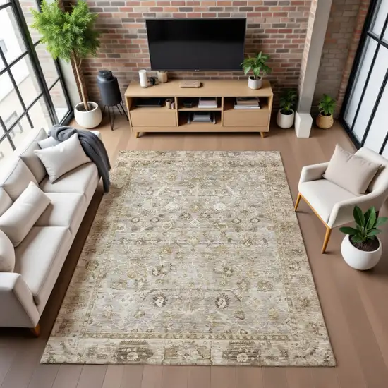 Taupe And Beige Oriental Washable Area Rug With UV Protection Photo 5