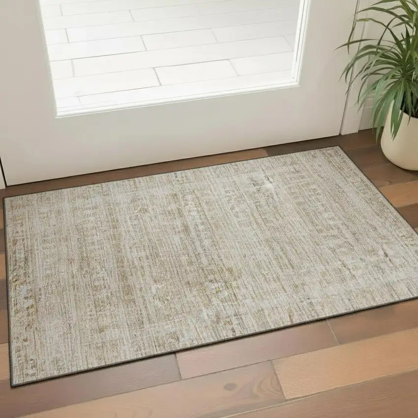 Taupe And Beige Oriental Washable Area Rug With UV Protection Photo 2